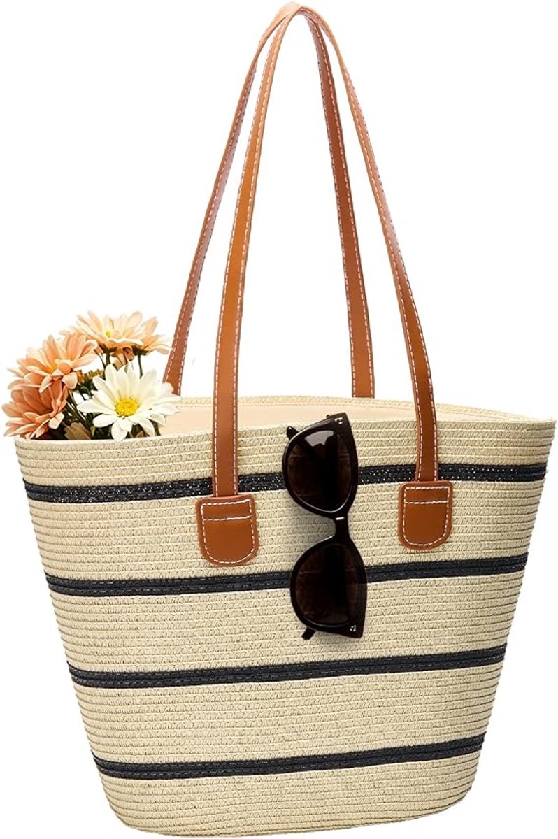 Strandtas - Strandtas riet - Grote strooien strandtas voor dames - Tote -schoudertas voor strandvakanties en reizen