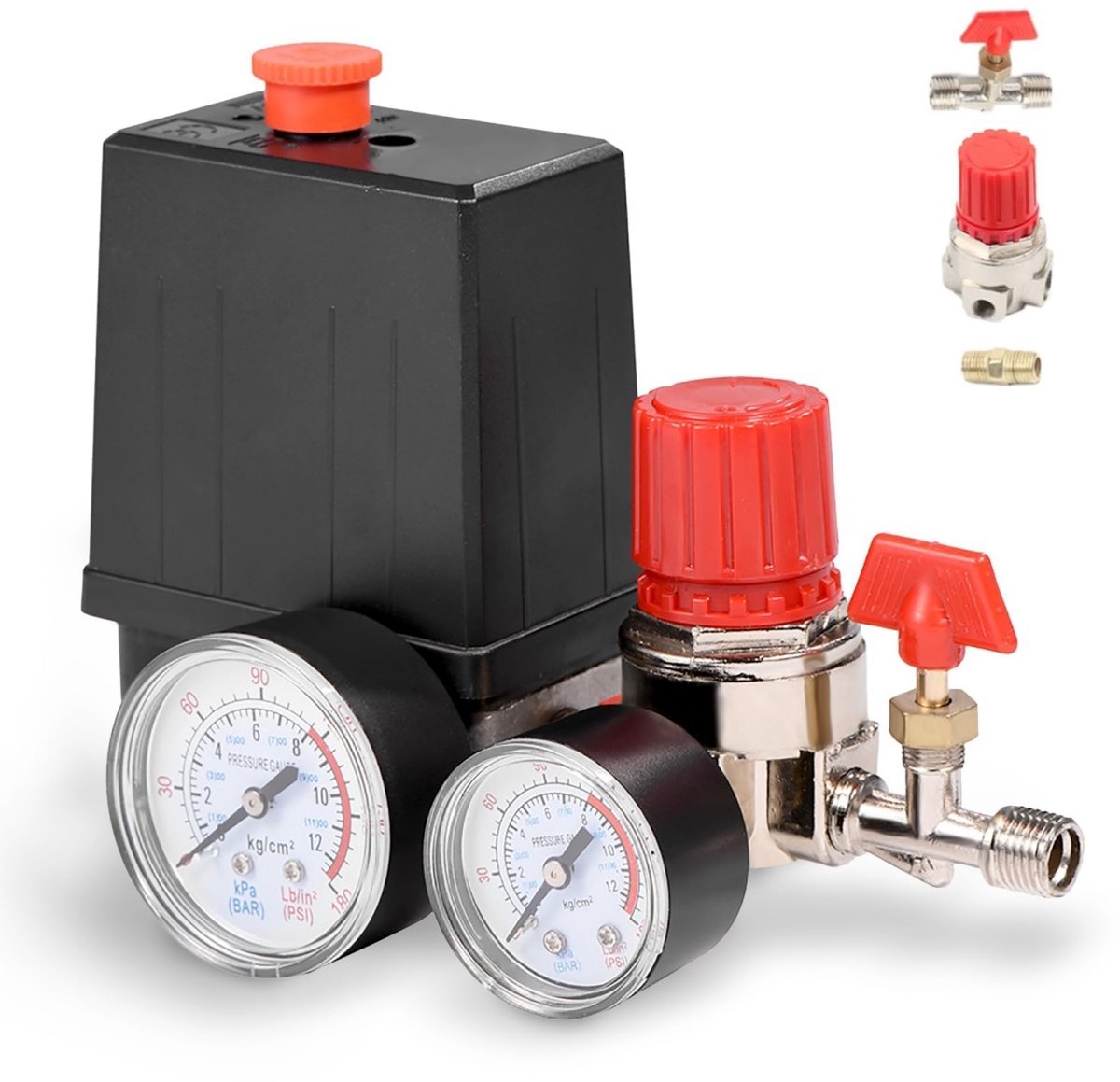 longziming -Luchtcompressor Drukschakelaar 220/380V – Drukregelaar 5-8 Bar (90-120 PSI) – 20A Luchtcompressor Schakelaar met Instelbare Drukontlasting – 1/4 Inch Aansluiting