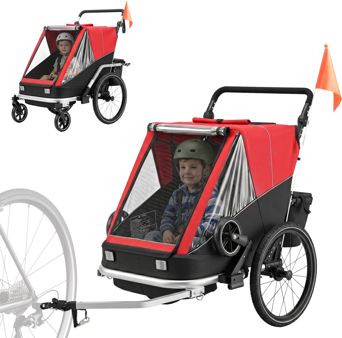 TEKROA® Kinderfietskar - Fietskar voor Kinderen & Wandelwagen 2-in-1 - 2 Zitjes - Opvouwbaar - Verstelbare Zitting - Rood