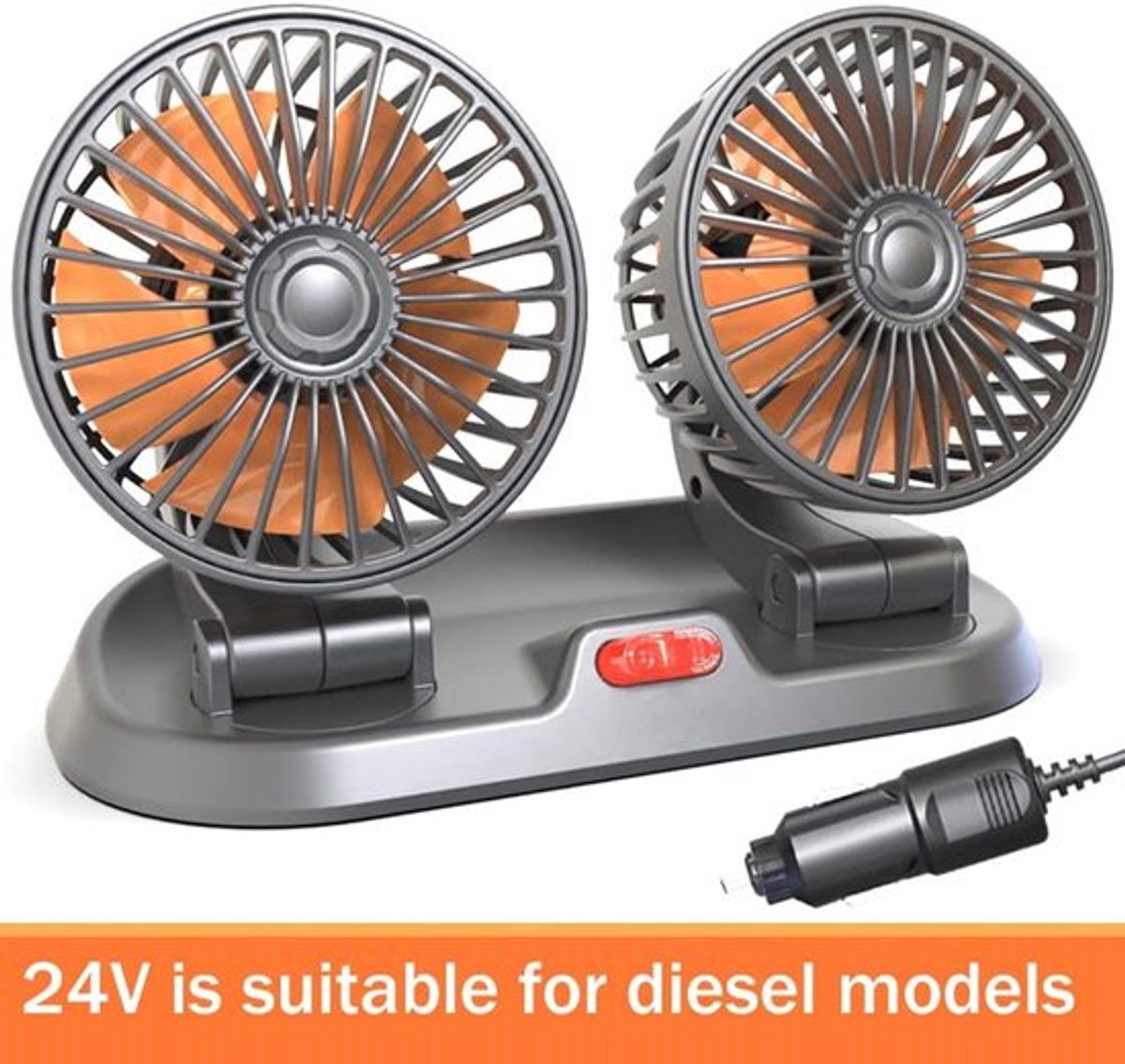 Autoventilator - Dubbele ventilator voor koeling - Geniet altijd en overal van verkoeling - 24V voeding - Draagbaar - Oranje & Zwart