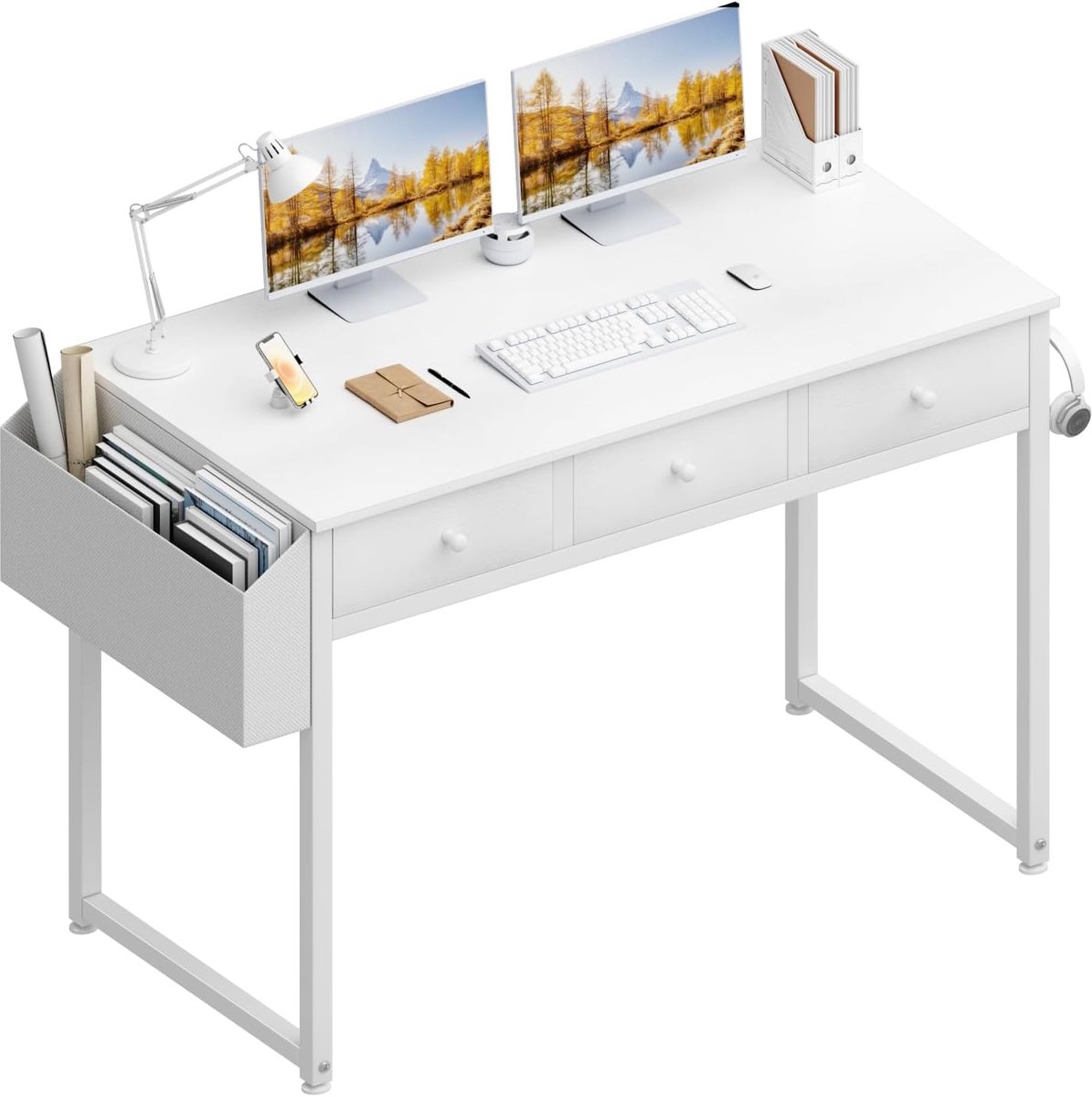SnelShoppen - Wit bureau met opbergtas en 3 laden voor slaapkamer, gaming, werk, 100 cm, klein bureau voor kinderen, jongeren, meisjes