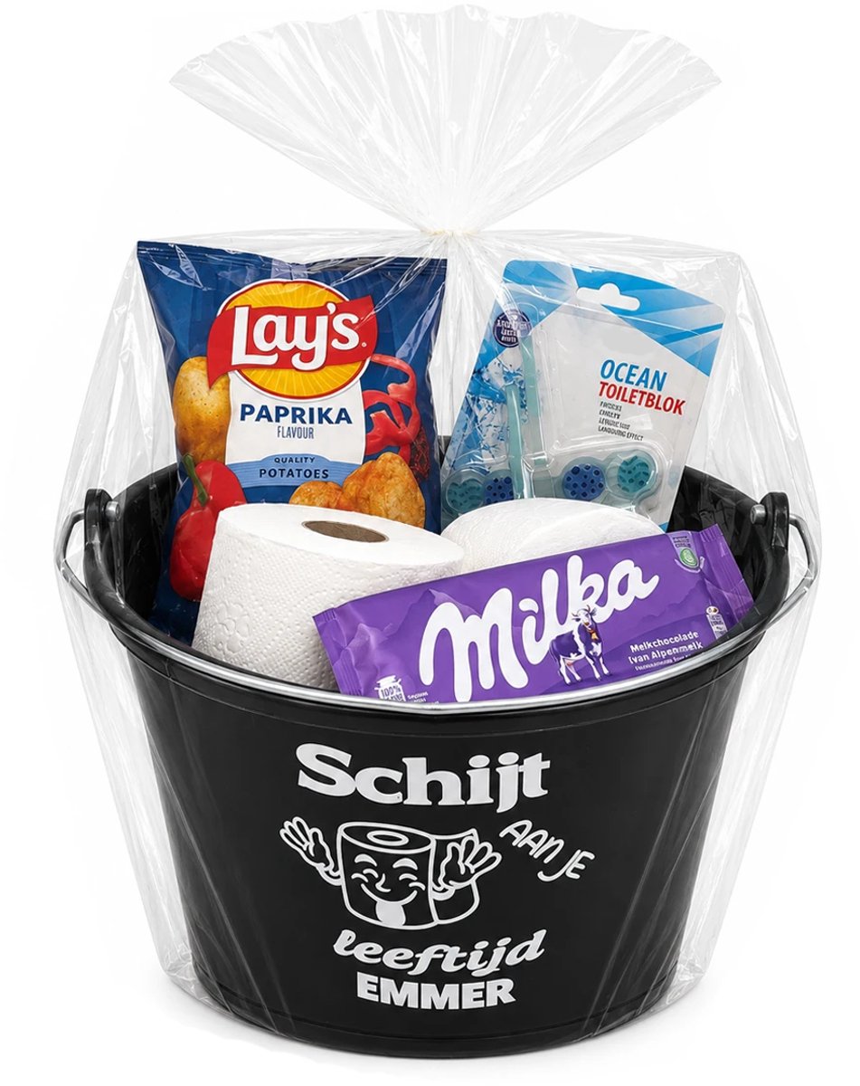 Emmer - Schijt aan je leeftijd wc rol in geschenkverpakking - Gevulde cadeau emmer - met tekst - Verpakt in cellofaan - 12 liter - zwart - Verjaardag man & Vrouw - Jubilieum cadeau - Geslaagd cadeau