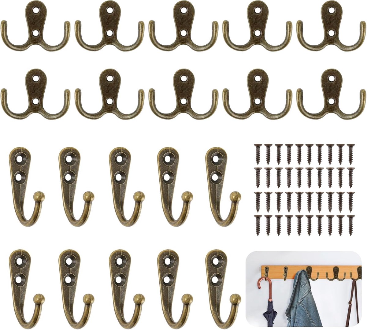 SnelShoppen - 20 Stuks Kledinghaken Dubbele Haken Vintage Wandhaken Bronzen Haakset met Schroeven Voor Kleding, Handdoeken, Jassen, Deuren, Kasten, Ke