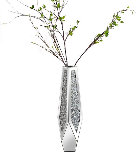 AALVERO - Bloemenvaas - Vaas - Vloervaas - Woonkamer - Eetkamer - Crushed Diamond - Gespiegeld - 85.5 x 23 cm - Zilverkleurig