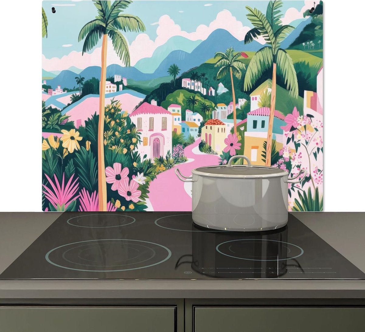 SnelShoppen - Keuken Splash Guard 52x78cm - Aluminium Hittebestendig Wandbeschermer - Kleurvol - Huizen - Heuvels - Roze - Keuken Accessoire