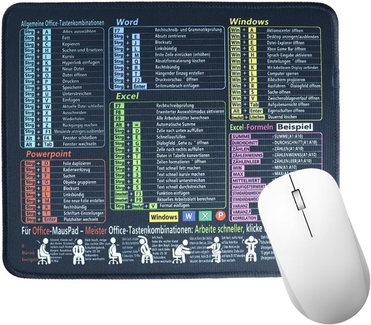 Muismat zwart 21 x 26 cm - met Excel afkortingen - antislip en genaaide randen - ideaal voor pc-bureau - ShopVlot