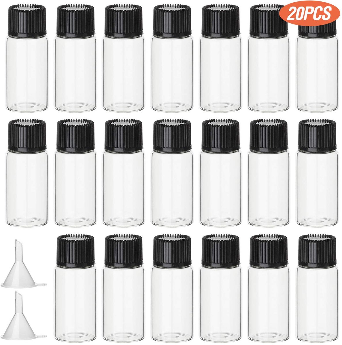 SnelShoppen - Set van 20 Mini Glazen Flesjes 5 ml | Transparante Kleine Flessen met Schroefdop, 2 Trechters voor Gemakkelijk Vullen