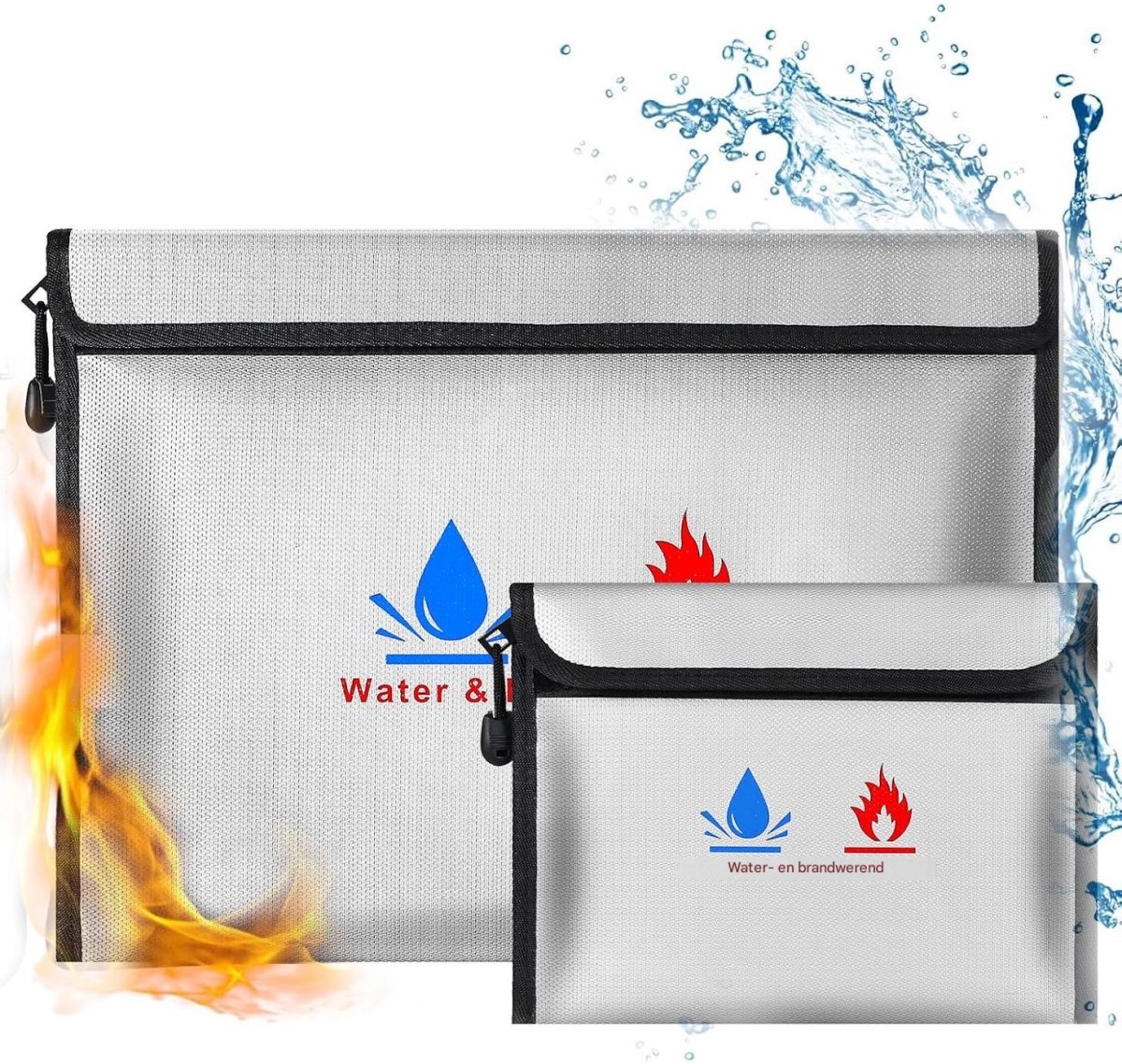 GELLDG Brandwerende documententassen – 2-delige set – Brand- en waterbestendige tassen/hoezen/opbergzakken geschikt voor documenten, paspoorten, bankafschriften, contant geld en waardevolle spullen – Grijs – 24×17 cm + 38×28 cm