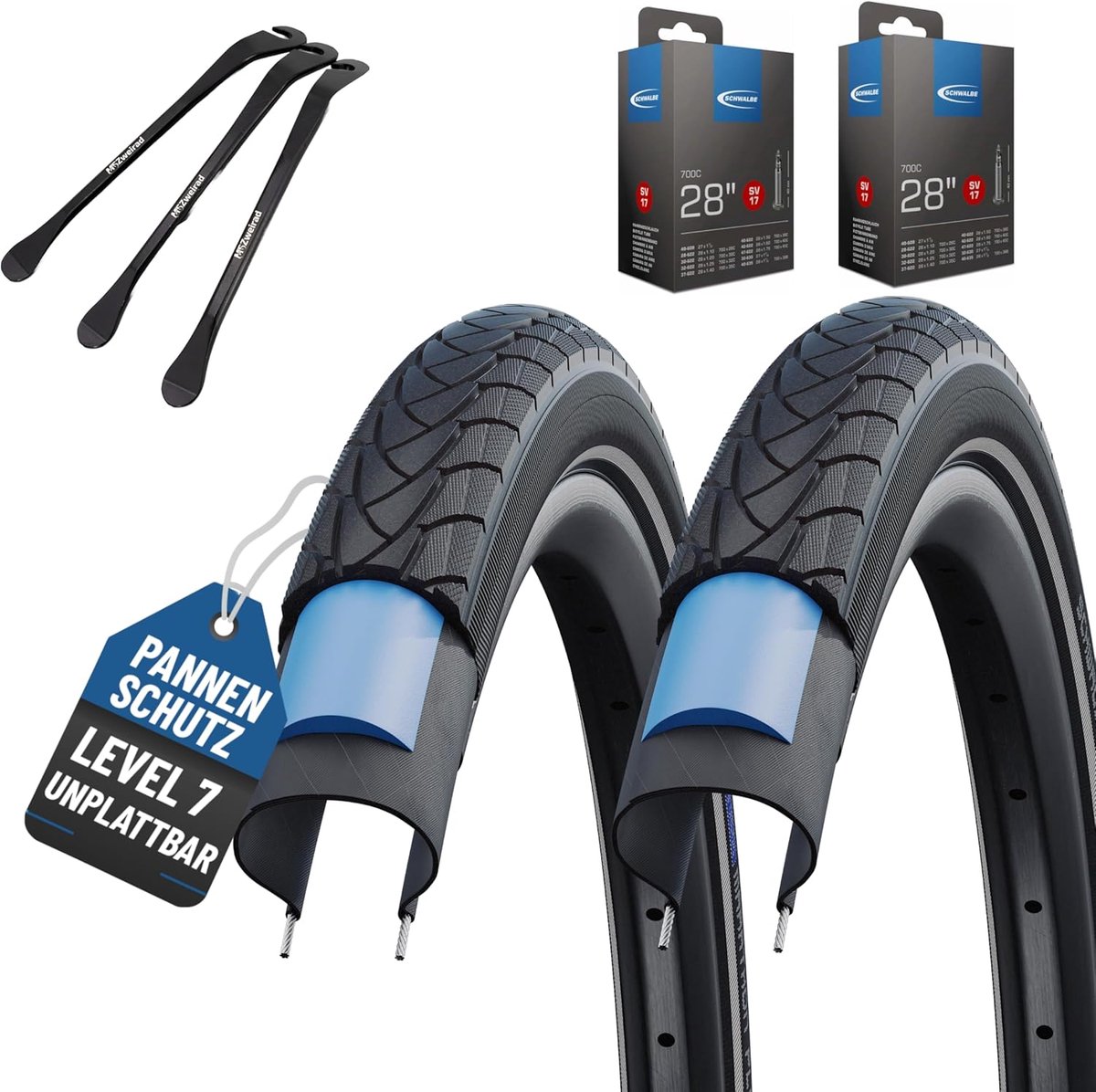SnelShoppen - Fietsbanden 28 Inch (37-622) met Reflecterende Strip + 3 MSZweirad Metaal Bandenlichters, E-Bike, Set van 2