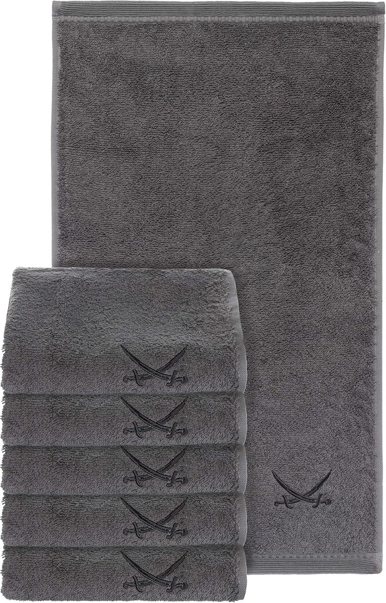 SnelShoppen - Set van 6 gastenhanddoeken 30 x 50 cm, geborduurd logo, 100% katoen, anthraciet, snel drogend, ideaal voor badkamer, gastenverblijf, cam