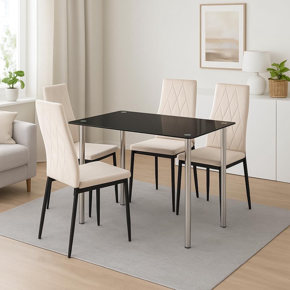 SnelShoppen - Eettafel met 4 Stoelen, Rectangular Eettafel Set voor Eetkamer, Keuken en Woonkamer, 5-delige Set, Zwarte Eettafel en Beige Stoelen, Rui