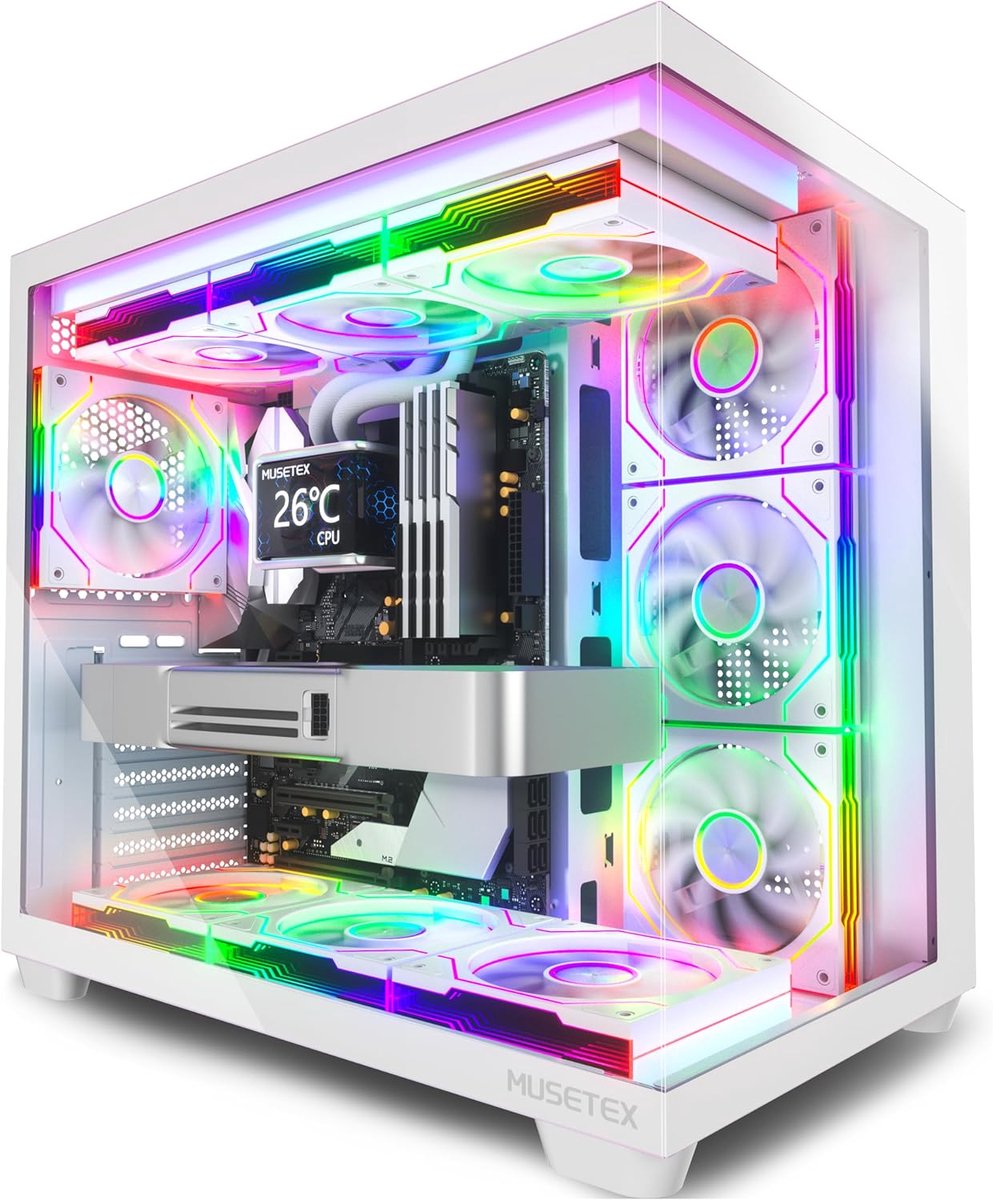 SnelShoppen - MUSETEX PC Behuizing ATX Wit, Gaming Case met Tempered Glass, Ruimte voor 6 Ventilatoren, Eenvoudige Installatie en Goede Luchtcirculati