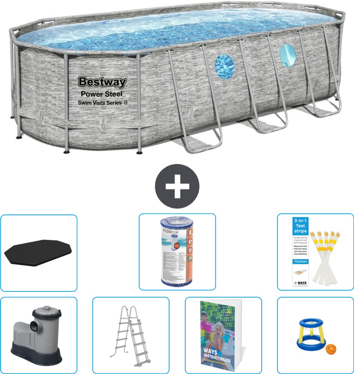 Bestway Ovaal Power Steel Swim Vista Zwembad - Steenprint - 549 x 274 x 122 - Inclusief Pomp - Ladder - Afdekzeil - Filter - Speelgoed - 8-delig