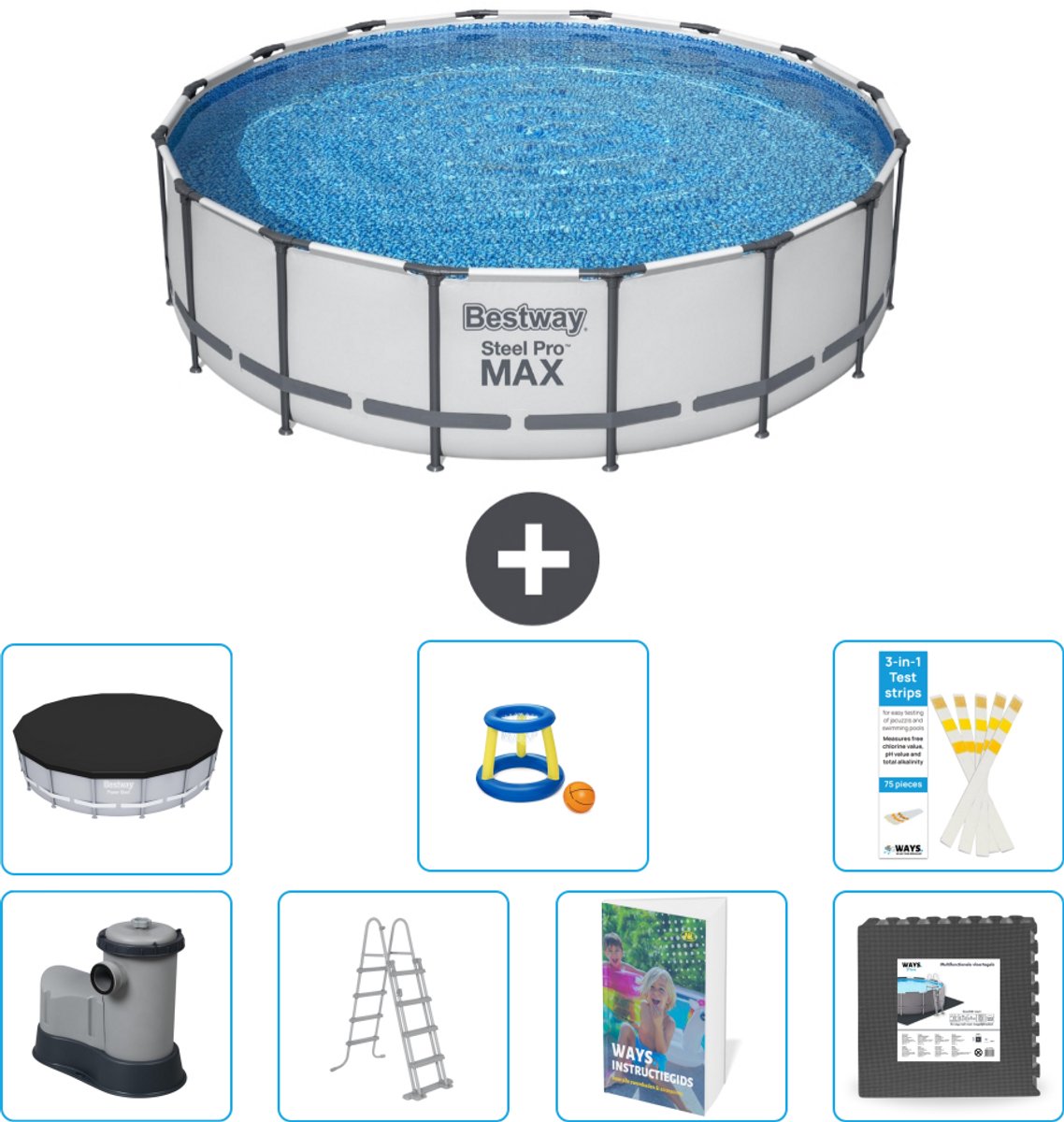 Bestway Rond Steel Pro MAX Zwembad - 488 x 122 cm - Grijs - Inclusief Pomp - Ladder - Afdekzeil - Speelgoed - Vloertegels - 8-delig