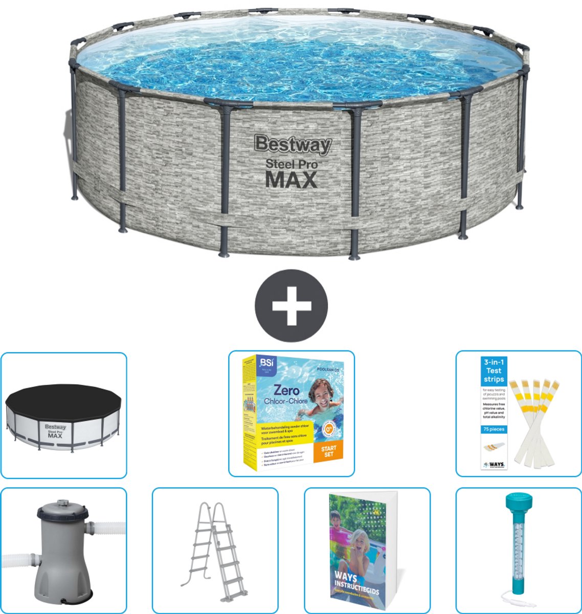 Bestway Rond Steel Pro MAX Zwembad - Steenprint - 427 x 122 cm - Inclusief Pomp - Ladder - Afdekzeil - Onderhoudspakket - Thermometer - 8-delig