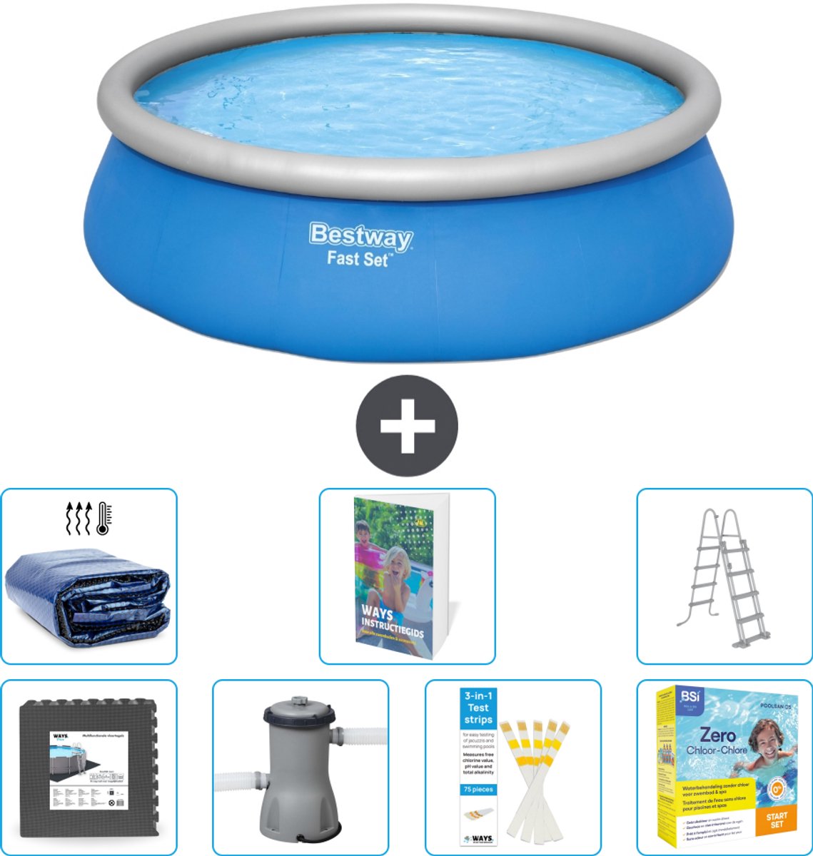 Bestway Rond Opblaasbaar Fast Set Zwembad - 457 x 122 cm - Blauw - Inclusief Pomp - Ladder - Onderhoudspakket - Solarzeil - Vloertegels - 8-delig