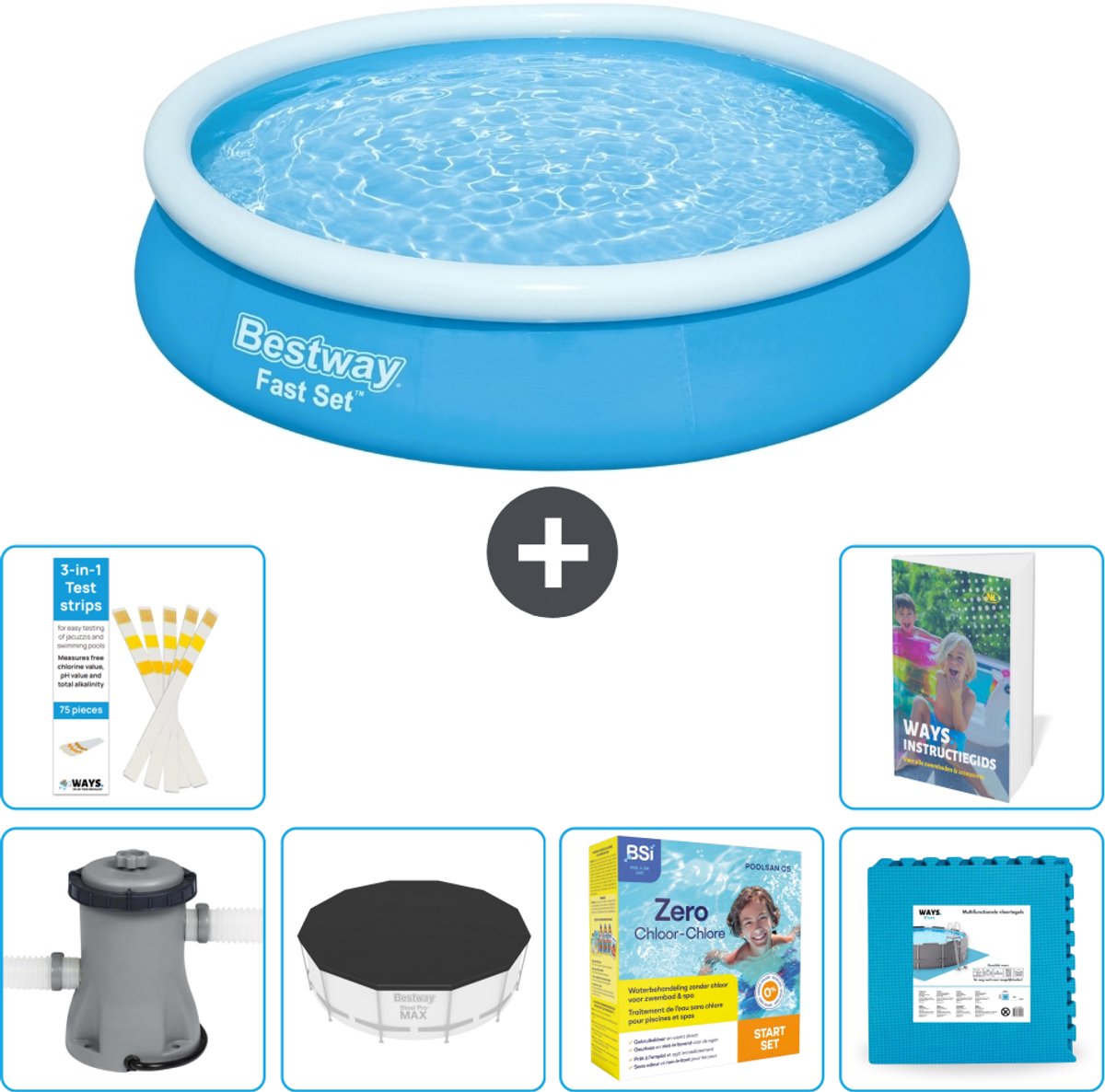 Bestway Rond Opblaasbaar Fast Set Zwembad - 366 x 76 cm - Blauw - Inclusief Pomp - Afdekzeil - Onderhoudspakket - Vloertegels - 7-delig