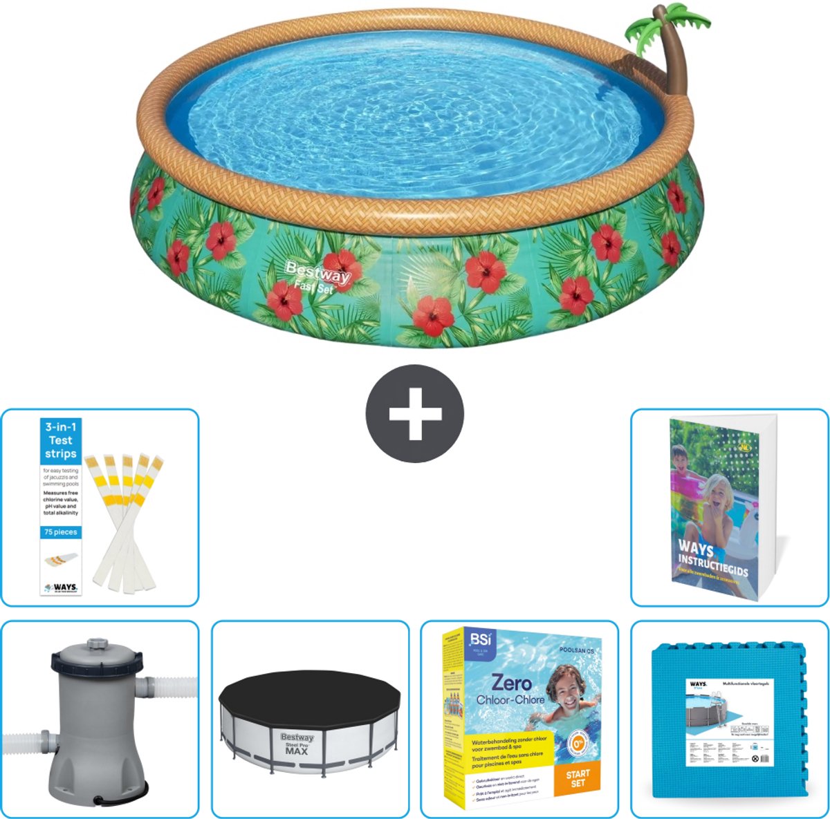 Bestway Rond Opblaasbaar Fast Set Zwembad - Paradijsprint - 457 x 84 cm - Inclusief Pomp - Afdekzeil - Onderhoudspakket - Vloertegels - 7-delig