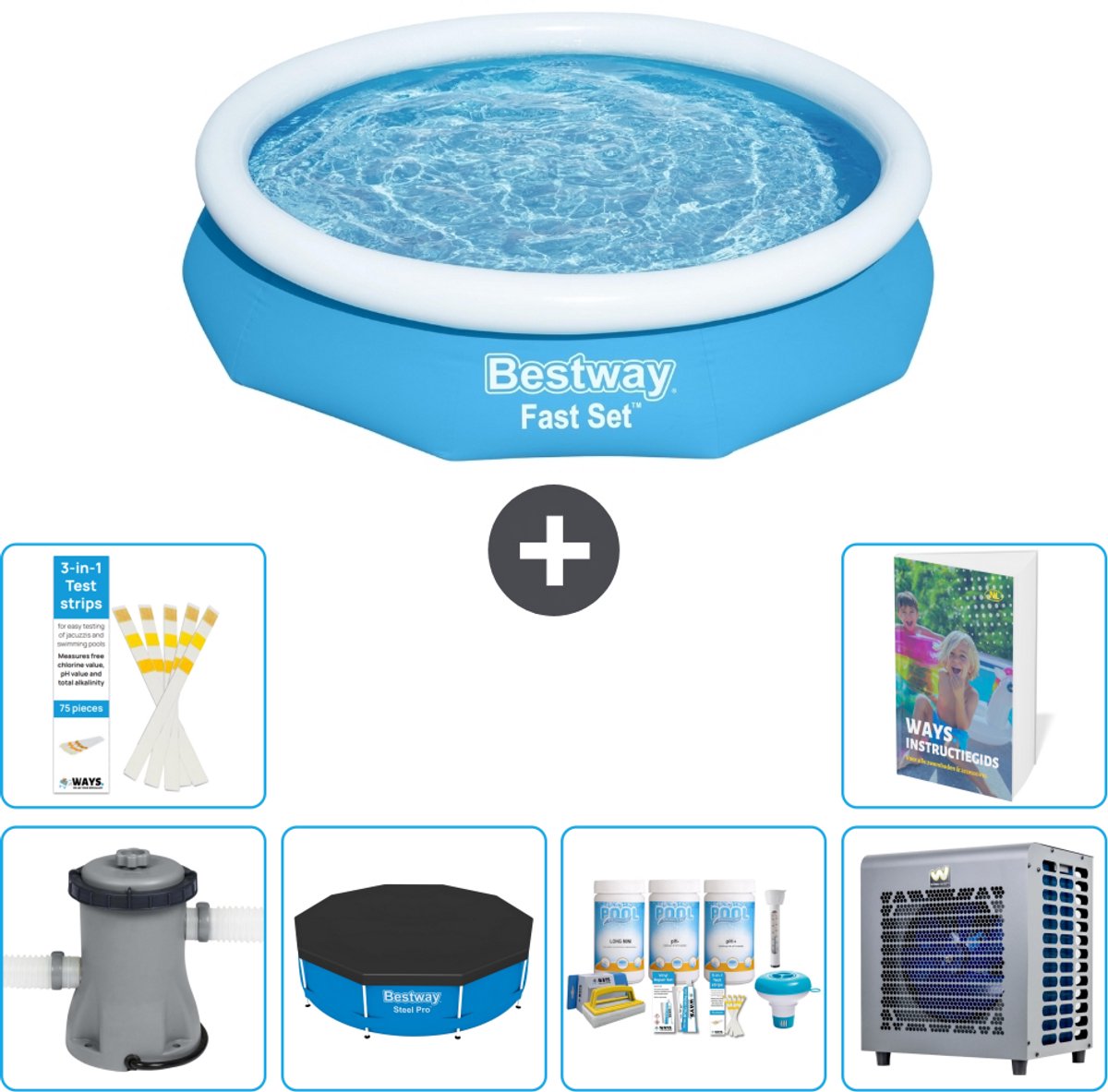 Bestway Rond Opblaasbaar Fast Set Zwembad - 305 x 66 cm - Blauw - Inclusief Pomp - Afdekzeil - Onderhoudspakket - Warmtepomp - 7-delig