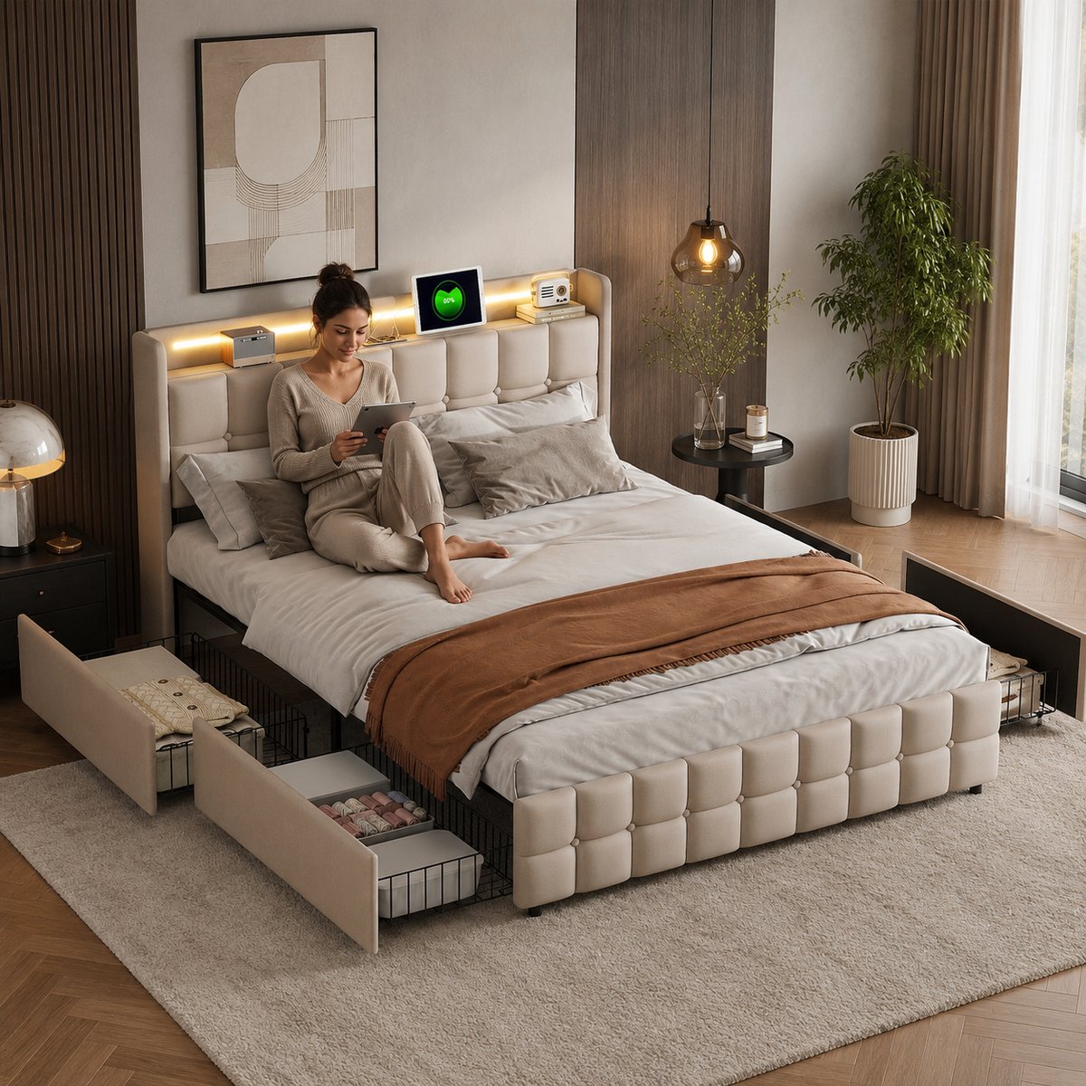Gestoffeerd bed 140x190 cm met 4 lades, LED-verlichting, 2 USB- en 2 AC-stopcontacten, Tweepersoonsbed, bedframe met houten lattenbodem, Linnen Beige