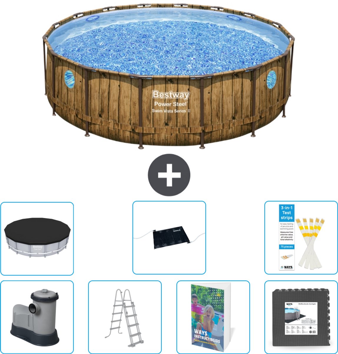 Bestway Rond Power Steel Swim Vista Zwembad - Houtprint - 488 x 122 - Inclusief Pomp - Ladder - Afdekzeil - Solar Mat - Vloertegels - 8-delig