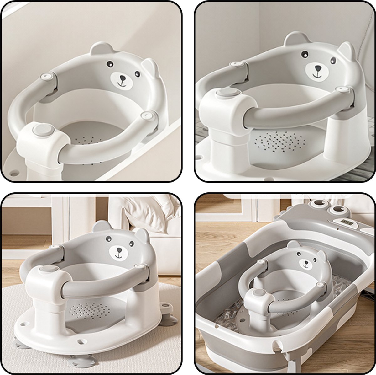 Babybadstoel - Antislip badkruk - Babybadzitje - Babybadaccessoire - 6 maanden en ouder - Met zuignappen - Veilig en draagbaar - Geschikt voor peuters en pasgeborenen - Berenprint - Grijsachtig wit