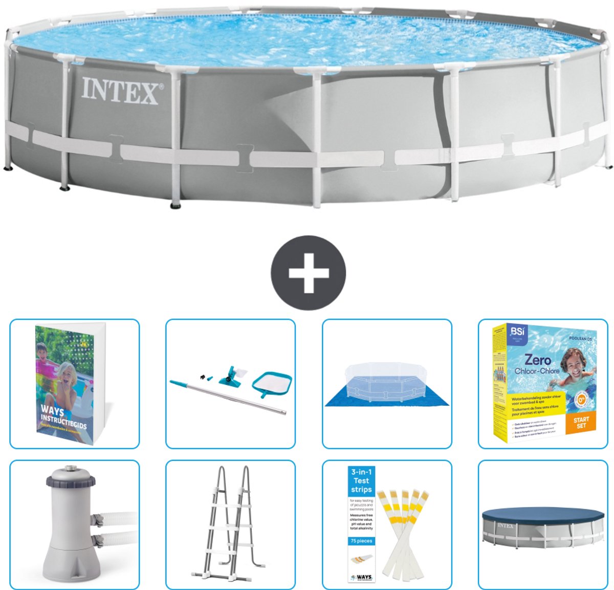 Intex Rond Prism Frame Zwembad - 457 x 107 cm - Grijs - Inclusief Pomp - Ladder - Grondzeil - Afdekzeil - Schoonmaakset - Onderhoudspakket - 9-delig