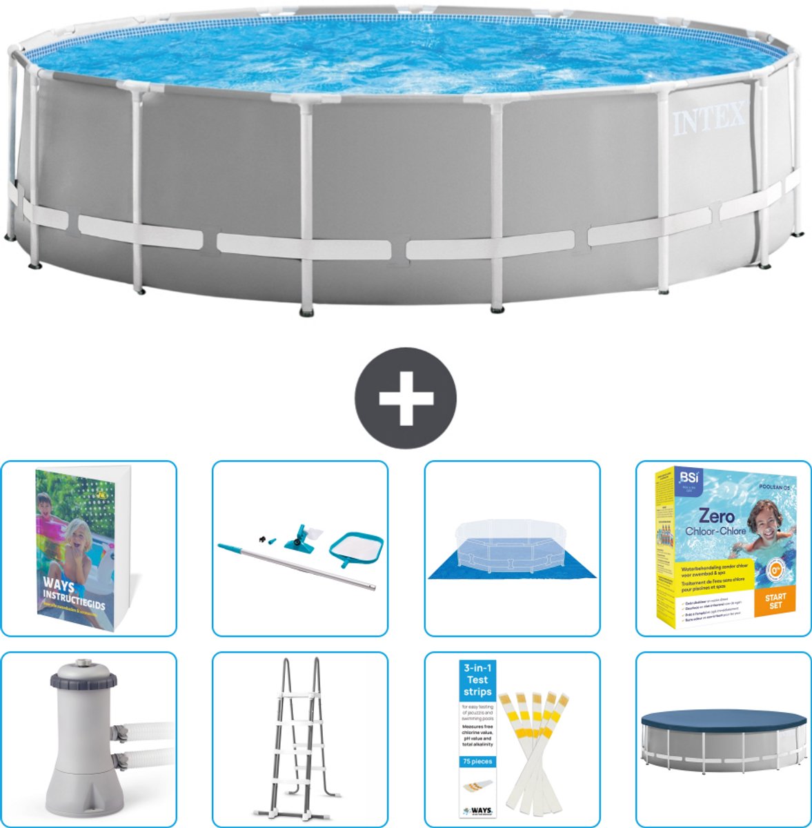 Intex Rond Prism Frame Zwembad - 457 x 122 cm - Grijs - Inclusief Pomp - Ladder - Grondzeil - Afdekzeil - Schoonmaakset - Onderhoudspakket - 9-delig