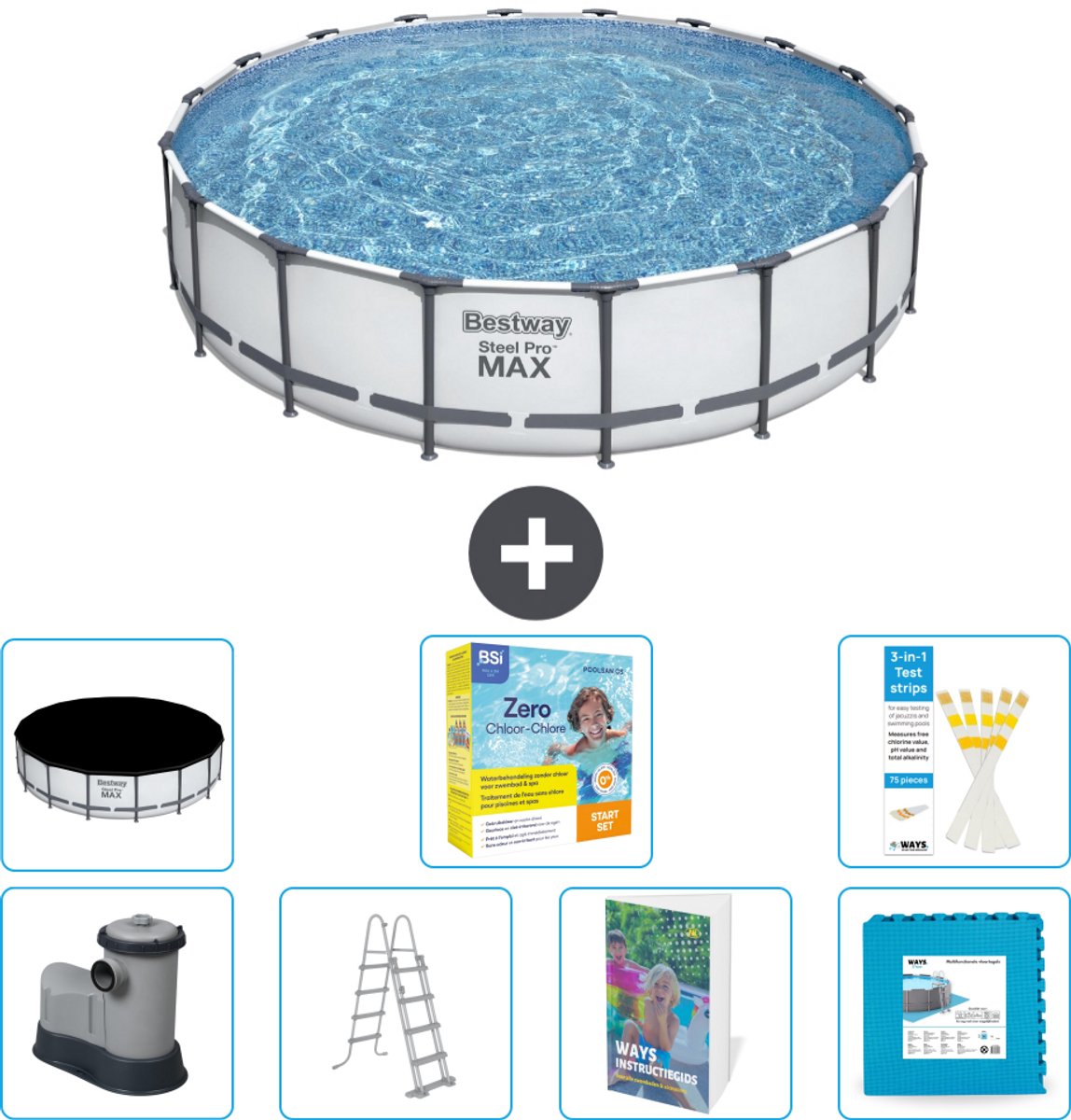 Bestway Rond Steel Pro MAX Zwembad - 549 x 122 cm - Grijs - Inclusief Pomp - Ladder - Afdekzeil - Onderhoudspakket - Vloertegels - 8-delig