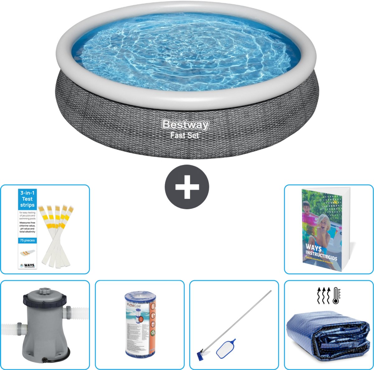 Bestway Rond Opblaasbaar Fast Set Zwembad - Rotanprint - 366 x 76 cm - Inclusief Pomp - Filter - Schoonmaakset - Solarzeil - 7-delig