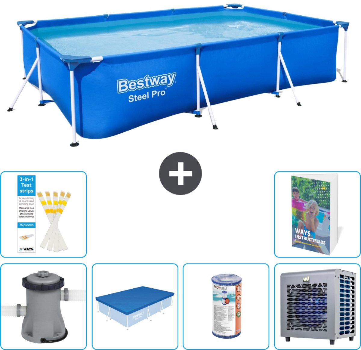 Bestway Rechthoekig Steel Pro Zwembad - 300 x 201 x 66 cm - Blauw - Inclusief Pomp - Afdekzeil - Filter - Warmtepomp - 7-delig
