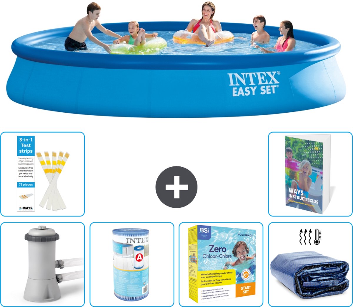Intex Rond Opblaasbaar Easy Set Zwembad - 457 x 84 cm - Blauw - Inclusief Pomp - Filter - Onderhoudspakket - Solarzeil - 7-delig