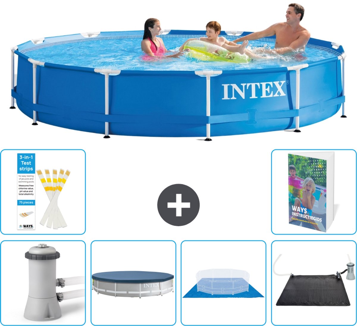 Intex Rond Frame Zwembad - 366 x 76 cm - Blauw - Inclusief Pomp - Afdekzeil - Grondzeil - Solar Mat - 7-delig