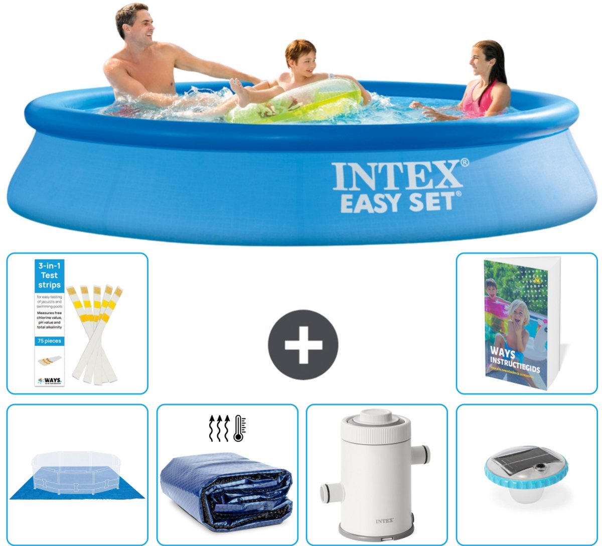 Intex Rond Opblaasbaar Easy Set Zwembad - 305 x 61 cm - Blauw - Inclusief Grondzeil - Solarzeil - Zwembadfilterpomp - Verlichting - 7-delig