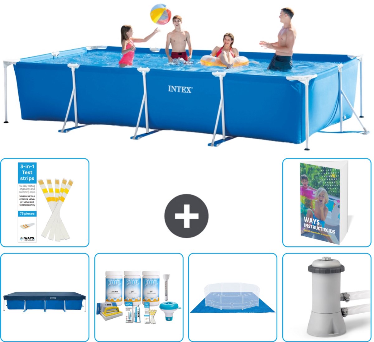 Intex Rechthoekig Frame Zwembad - 450 x 220 x 84 cm - Blauw - Inclusief Afdekzeil - Onderhoudspakket - Grondzeil - Zwembadfilterpomp - 7-delig