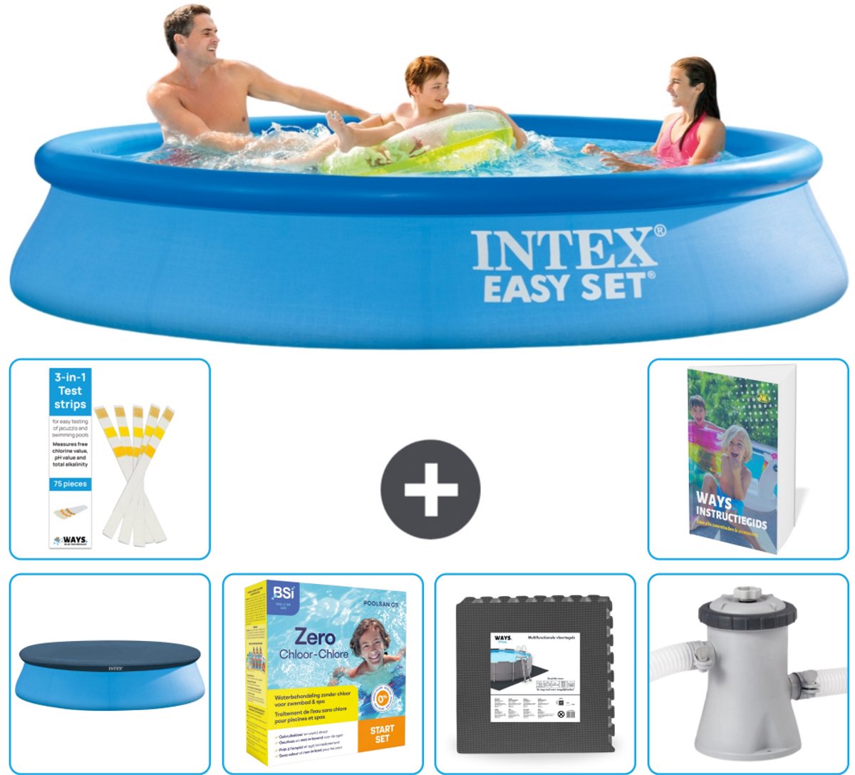 Intex Rond Opblaasbaar Easy Set Zwembad - 305 x 61 cm - Blauw - Inclusief Afdekzeil - Onderhoudspakket - Vloertegels - Zwembadfilterpomp - 7-delig
