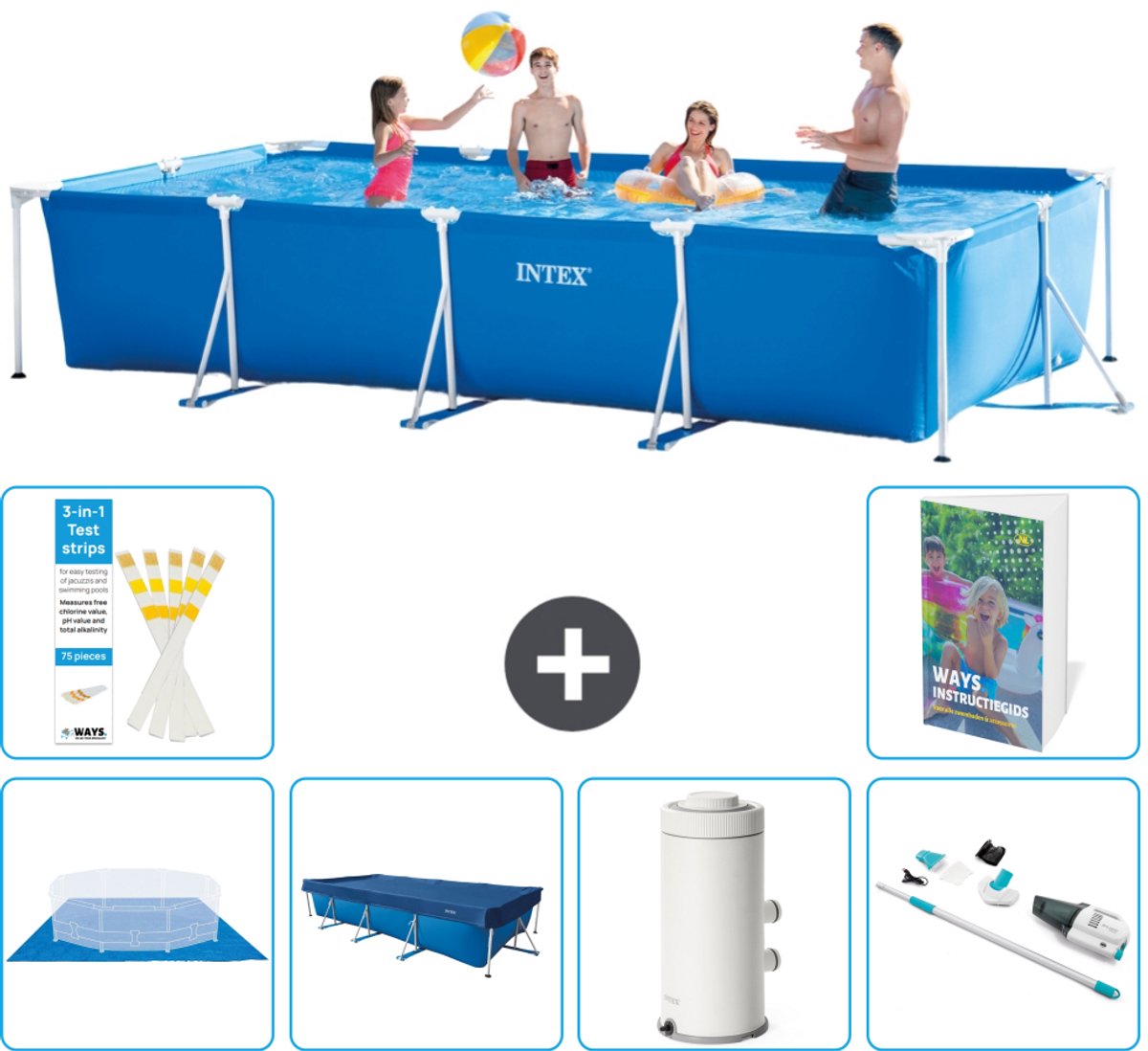 Intex Rechthoekig Frame Zwembad - 450 x 220 x 84 cm - Blauw - Inclusief Grondzeil - Afdekzeil - Zwembadfilterpomp - Stofzuiger - 7-delig