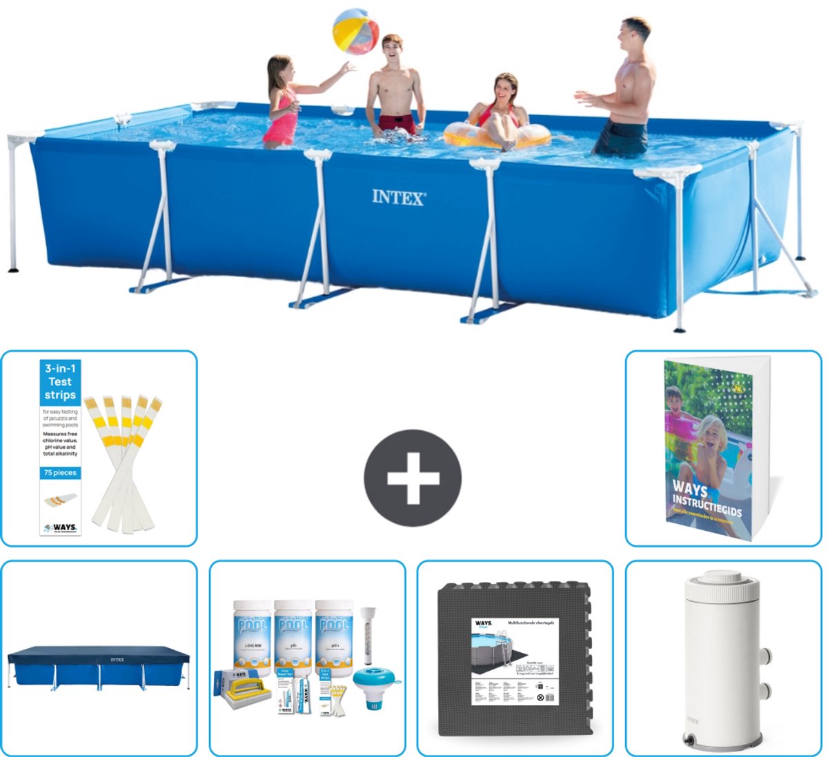 Intex Rechthoekig Frame Zwembad - 450 x 220 x 84 cm - Blauw - Inclusief Afdekzeil - Onderhoudspakket - Vloertegels - Zwembadfilterpomp - 7-delig