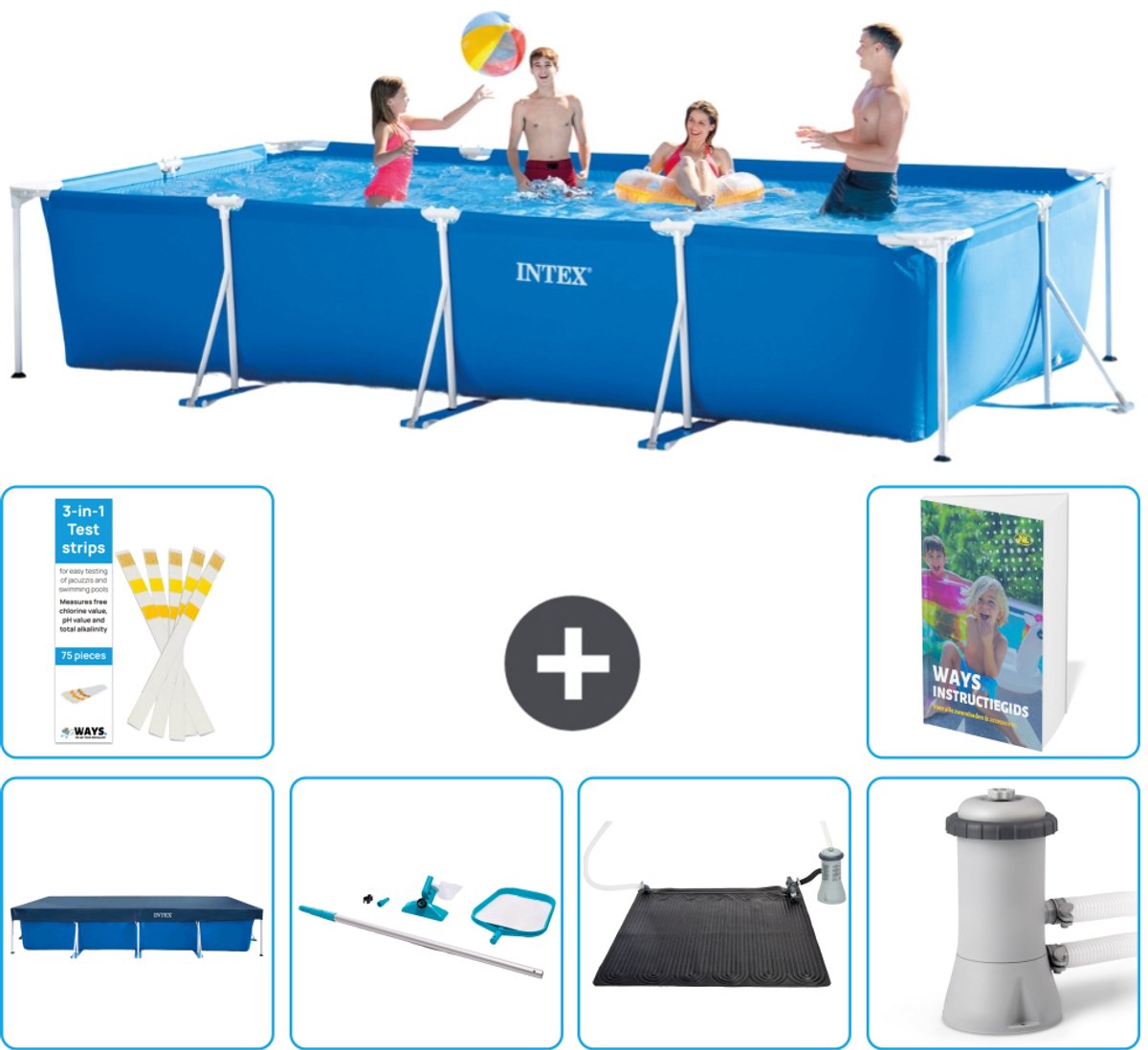Intex Rechthoekig Frame Zwembad - 450 x 220 x 84 cm - Blauw - Inclusief Afdekzeil - Schoonmaakset - Solar Mat - Zwembadfilterpomp - 7-delig