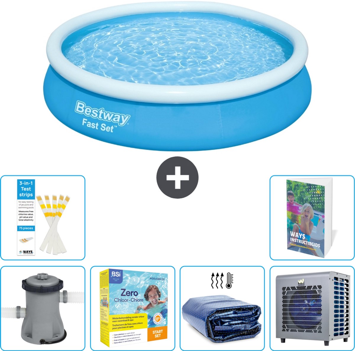 Bestway Rond Opblaasbaar Fast Set Zwembad - 366 x 76 cm - Blauw - Inclusief Pomp - Onderhoudspakket - Solarzeil - Warmtepomp - 7-delig