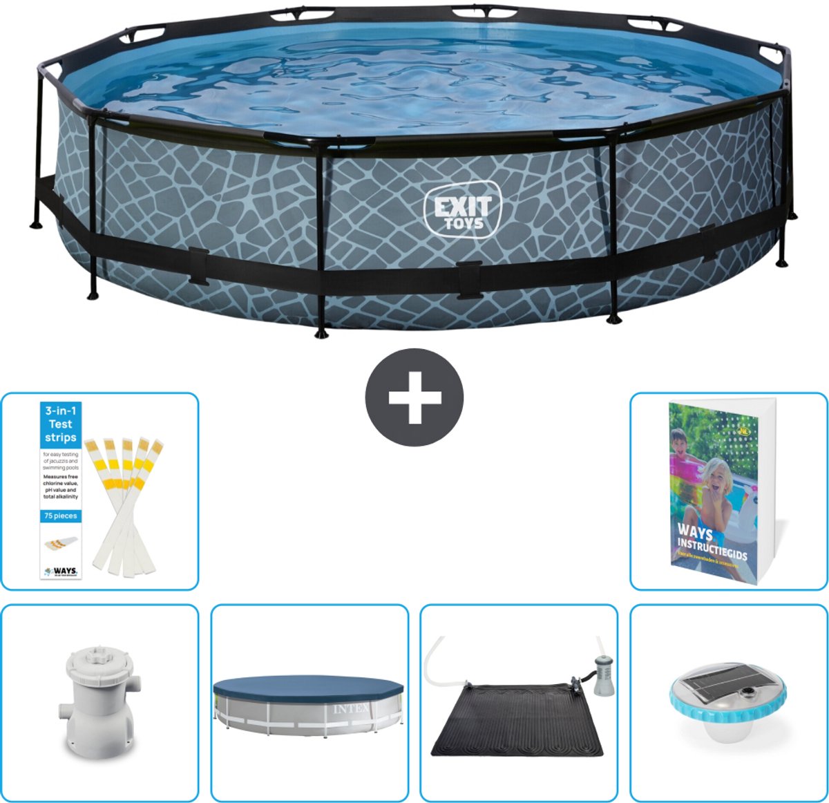 EXIT Rond Stone Frame Zwembad - 360 x 76 cm - Inclusief Pomp - Afdekzeil - Solar Mat - Verlichting - 7-delig