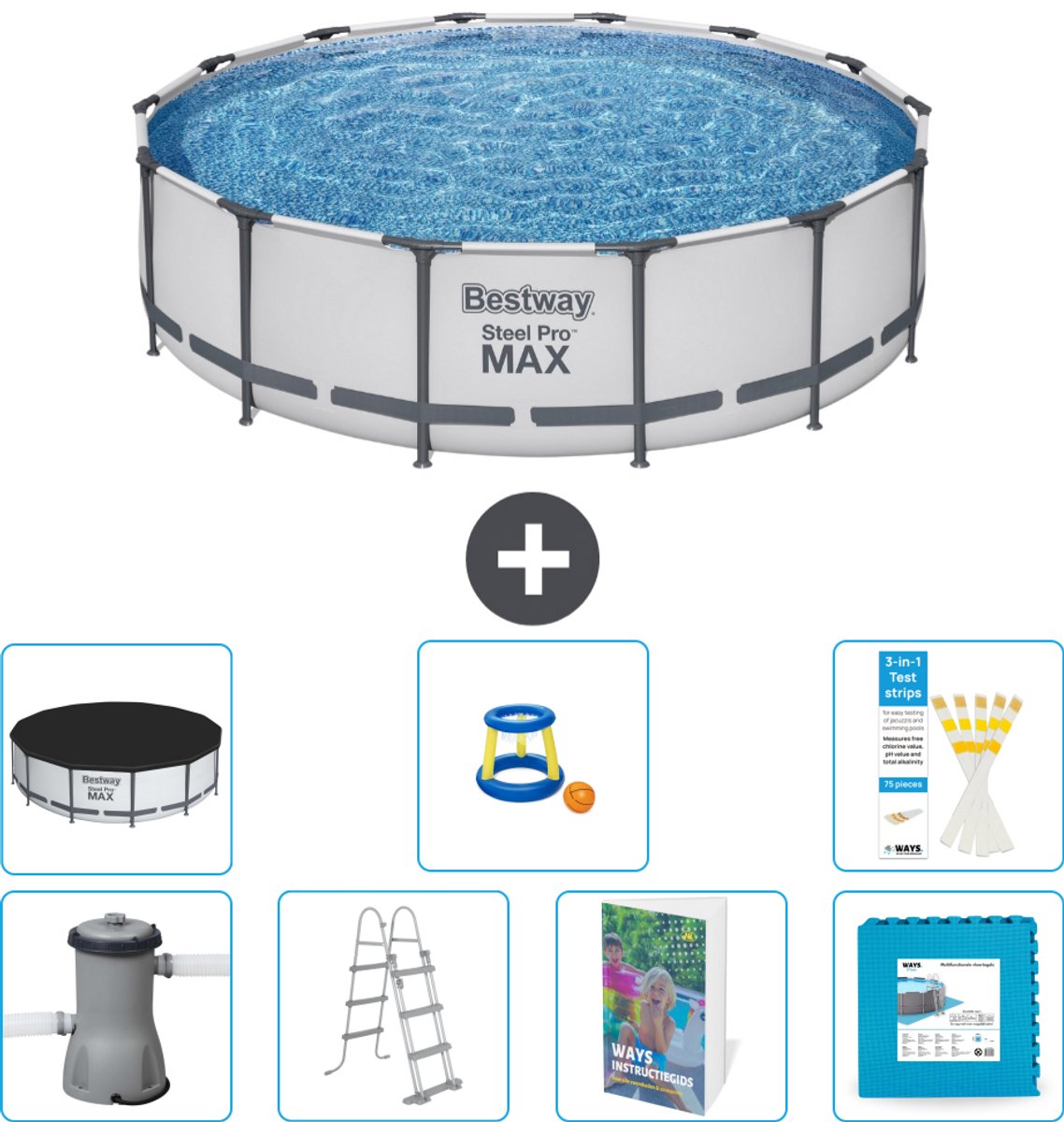 Bestway Rond Steel Pro MAX Zwembad - 427 x 107 cm - Grijs - Inclusief Pomp - Ladder - Afdekzeil - Speelgoed - Vloertegels - 8-delig