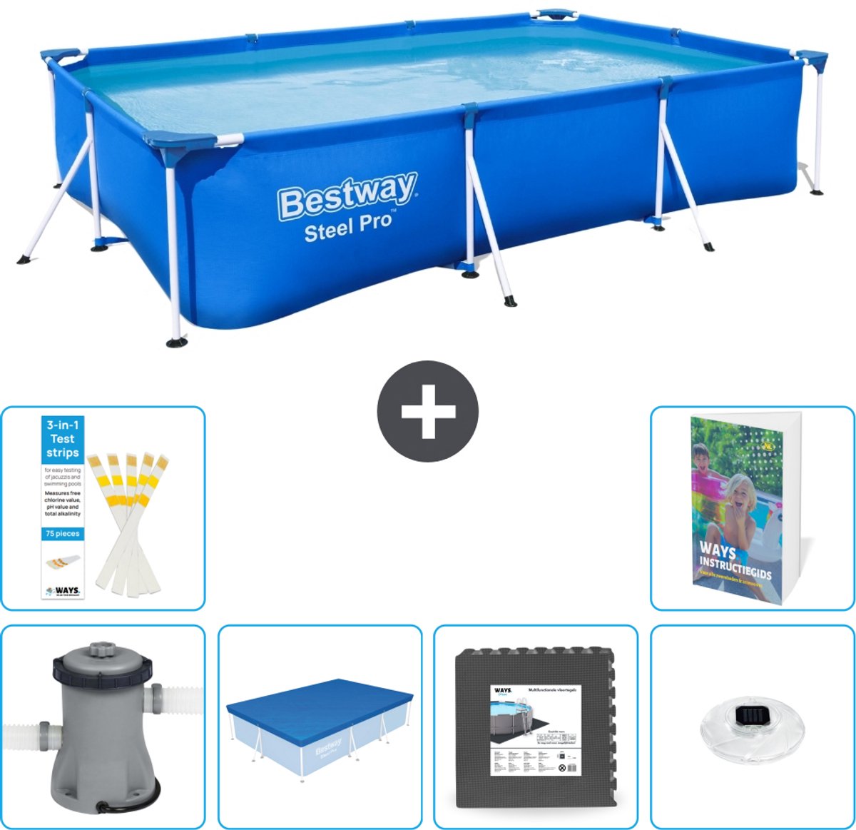Bestway Rechthoekig Steel Pro Zwembad - 300 x 201 x 66 cm - Blauw - Inclusief Pomp - Afdekzeil - Vloertegels - Verlichting - 7-delig
