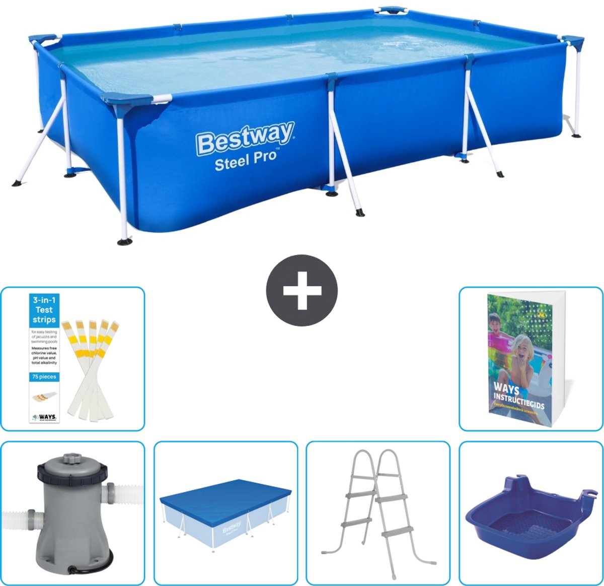 Bestway Rechthoekig Steel Pro Zwembad - 300 x 201 x 66 cm - Blauw - Inclusief Pomp - Afdekzeil - Ladder - Voetenbad - 7-delig