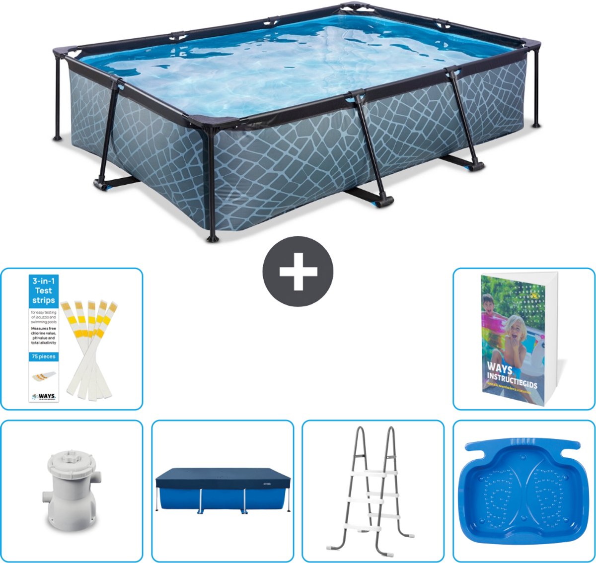 EXIT Rechthoekig Stone Frame Zwembad - 300 x 200 x 65 cm - Inclusief Pomp - Afdekzeil - Ladder - Voetenbad - 7-delig