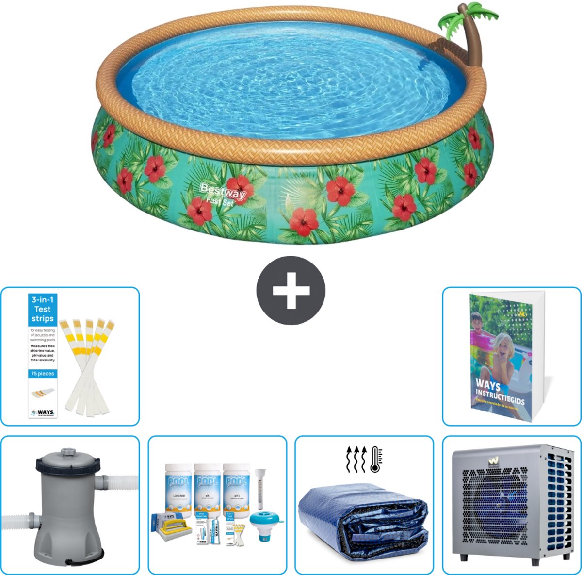 Bestway Rond Opblaasbaar Fast Set Zwembad - Paradijsprint - 457 x 84 cm - Inclusief Pomp - Onderhoudspakket - Solarzeil - Warmtepomp - 7-delig