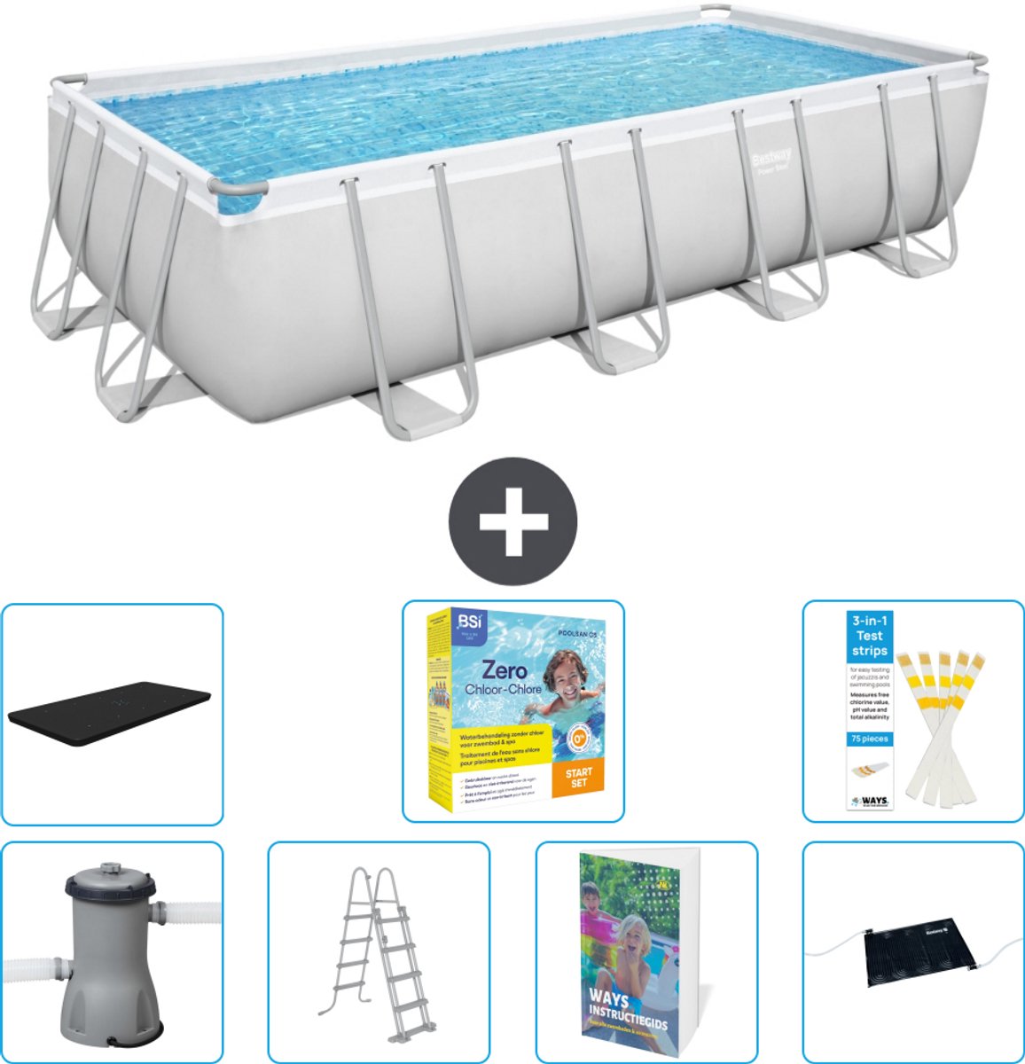 Bestway Rechthoekig Power Steel Zwembad - 488 x 244 x 122 - Grijs Inclusief Pomp - Ladder - Afdekzeil - Onderhoudspakket - Solar Mat - 8-delig