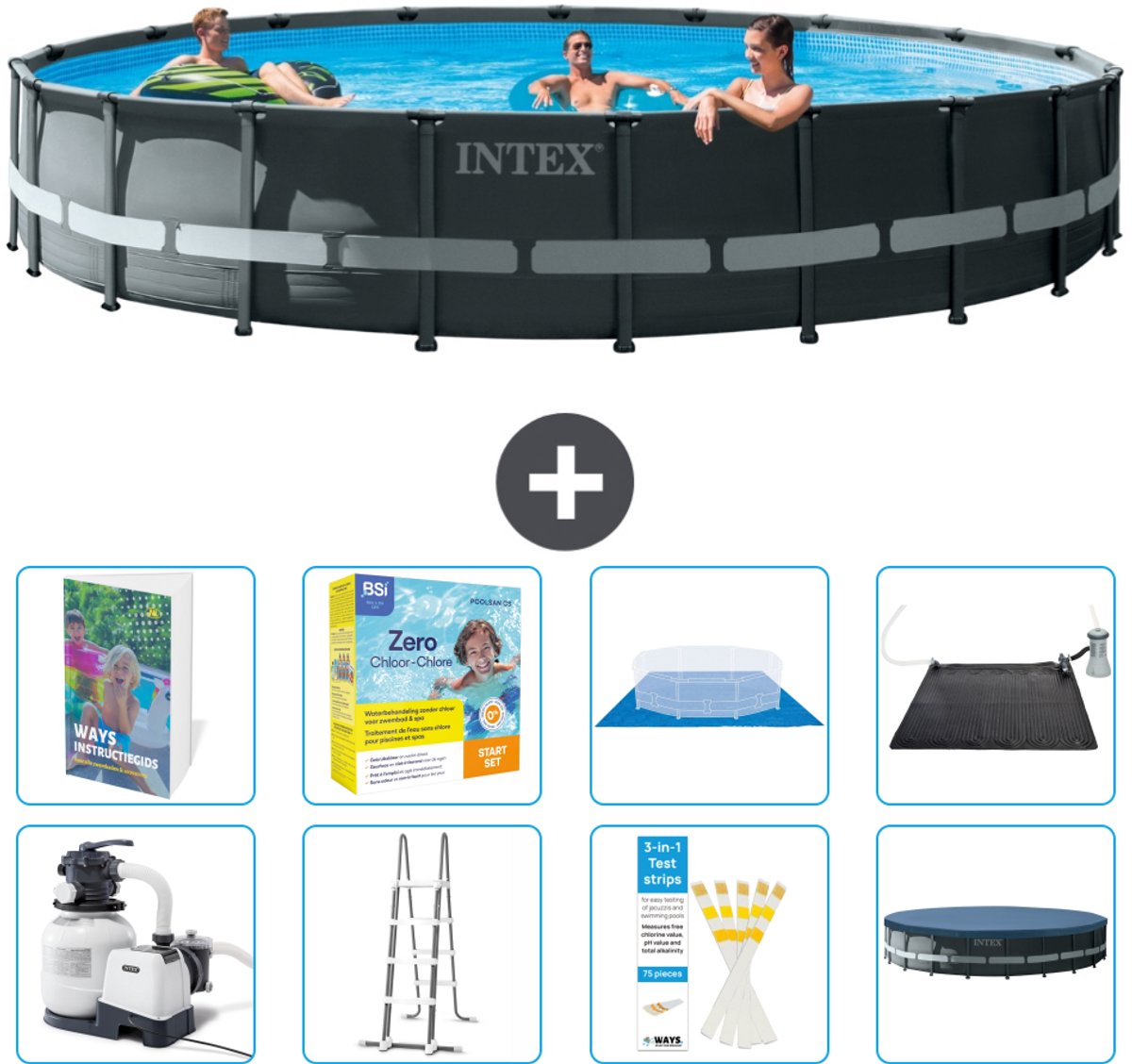 Intex Rond Ultra XTR Frame Zwembad - 610 x 122 cm - Inclusief Pomp - Ladder - Grondzeil - Afdekzeil - Onderhoudspakket - Solar Mat - 9-delig