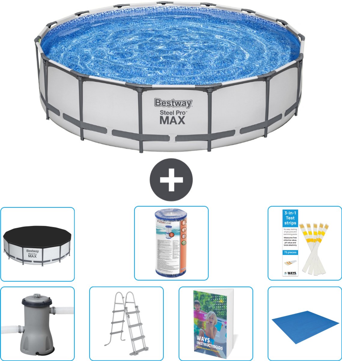 Bestway Rond Steel Pro MAX Zwembad - 457 x 107 cm - Grijs - Inclusief Pomp - Ladder - Afdekzeil - Filter - Grondzeil - 8-delig