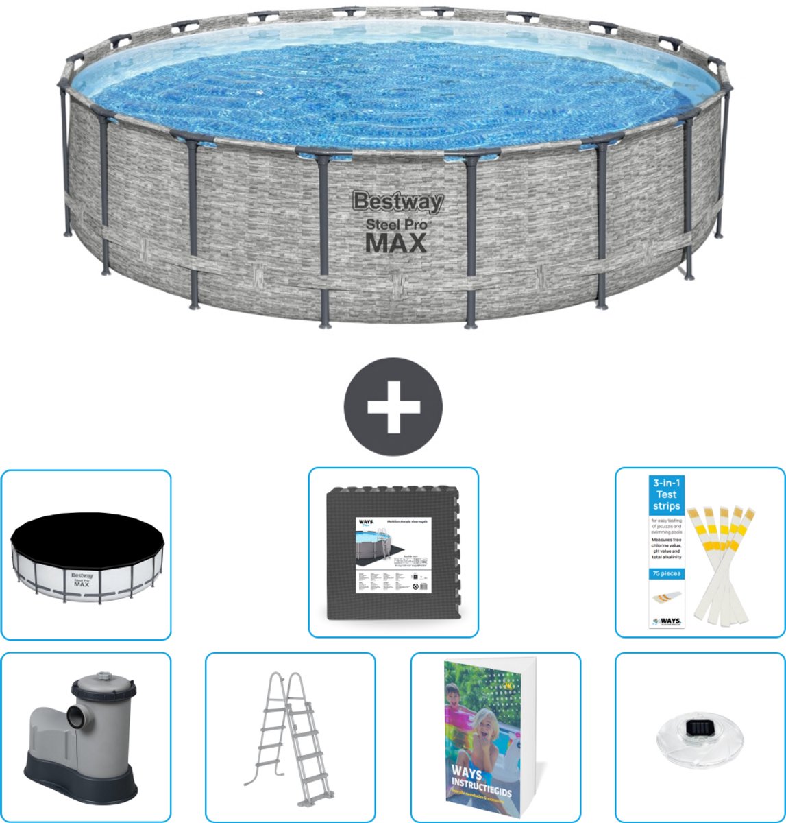 Bestway Rond Steel Pro MAX Zwembad - Steenprint - 549 x 122 - Inclusief Pomp - Ladder - Afdekzeil - Vloertegels - Verlichting - 8-delig
